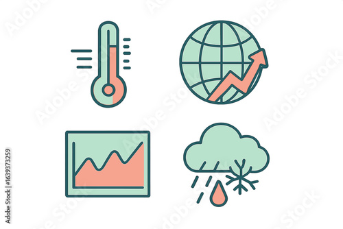 Elements of climate data visualization showing temperature, global trend, and precipitation in a modern flat design