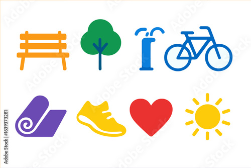 Illustration of outdoor park elements representing recreational activities and fitness options in vibrant colors