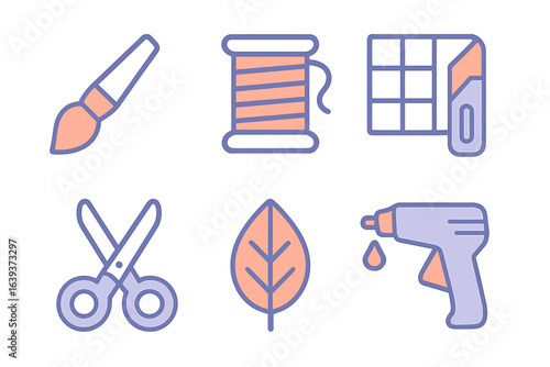 Creative tools for crafting projects featuring paintbrush, thread, cutter, scissors, leaf, and glue gun