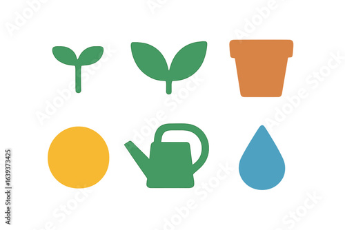 Gardening tools and elements for plant growth and care depicted in a colorful graphic design