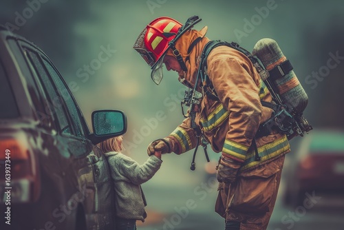 Brave firefighter in protective gear comforting child during emergency response, professional heroism, public safety, and compassion in action, community support and rescue