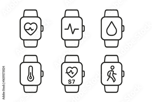 Smartwatch features including heart rate, temperature, and activity monitoring displayed on a digital screen