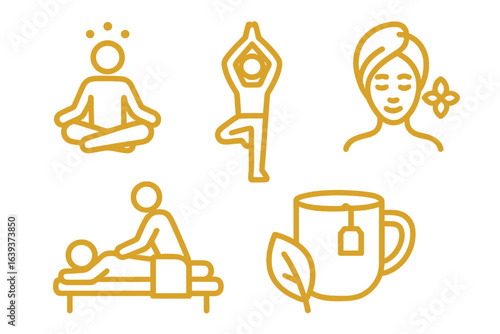 Relaxation and wellness activities including meditation, yoga, massage, and herbal tea preparation in a calming environment
