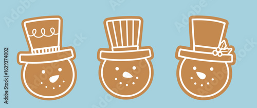 Set of gingerbread snowman head character cookie element.
cute christmas snowman ginger cookie flat stock vector illustration.
Good for greeting card, poster, banner, leaflet.