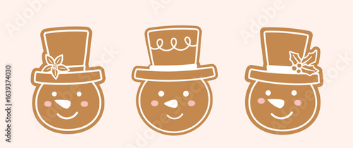 Set of gingerbread snowman head character cookie element.
cute christmas snowman ginger cookie flat stock vector illustration.
Good for greeting card, poster, banner, leaflet.