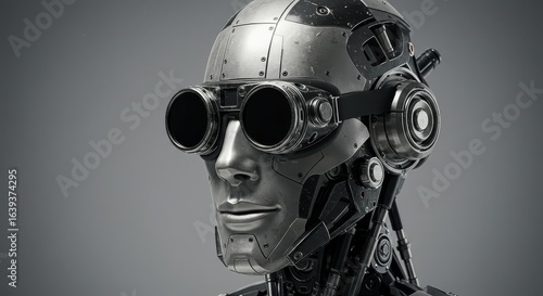 Futuristic android portrait with steampunk goggles and metallic details