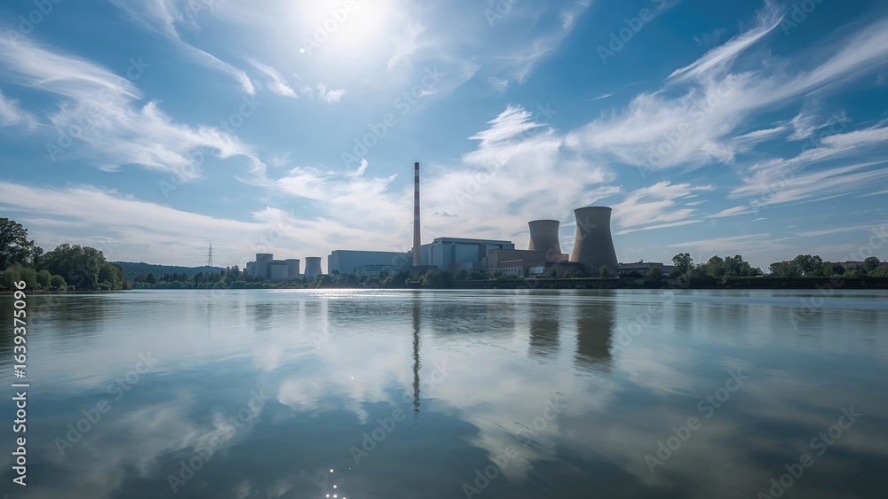 Naklejka premium Long exposure daytime photograph capturing a nuclear energy station by a waterway under a blue sky with scattered clouds and smooth reflections.