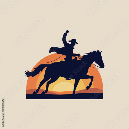 Colorful Vector illustration of cowboy riding a horse in sunrise for poster, cards, print ready
