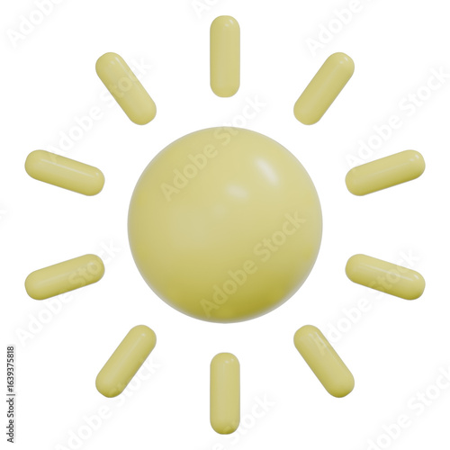 3D Cartoon Sun Icon with Yellow Rays – Cute Minimalist Summer Symbol Isolated on Transparent Background