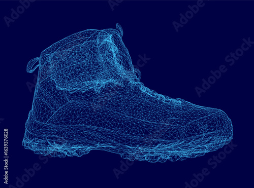 A blue boot wireframe with intricate lines and geometric shapes stands out against a dark blue background. The detailed design highlights the boot's structure with precision and clarity.