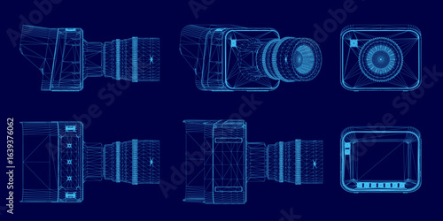 A detailed blueprint of a camera on a blue background, showcasing its wireframe design and internal components. The technical illustration highlights lens, body, and button placements.