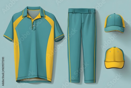 Vector sports set: cricket jersey, trousers, cap, teal and yellow, copy space.