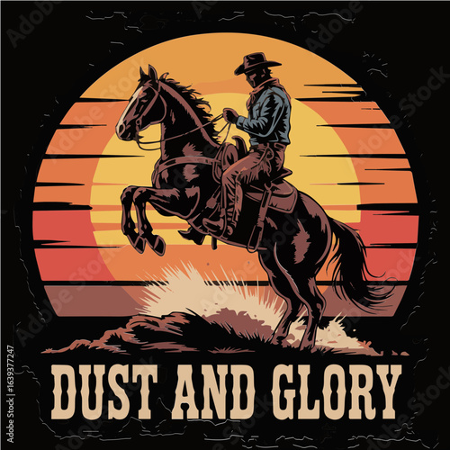 Colorful Vector illustration of cowboy riding a horse in sunrise for poster, cards, print ready