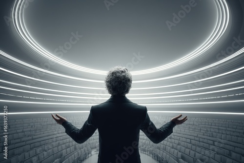 Visionary leader presenting innovative ideas in futuristic auditorium with dramatic lighting and modern design
