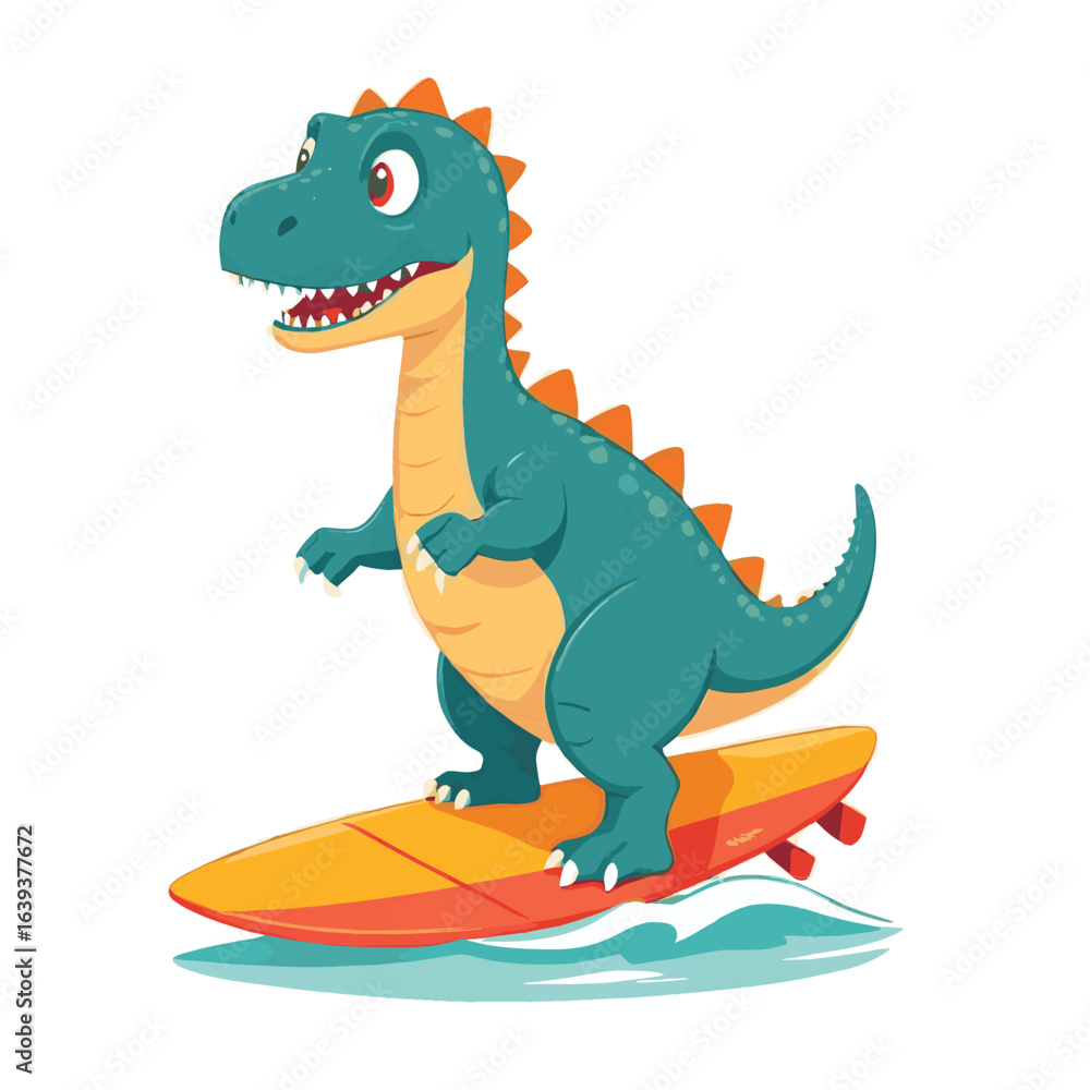 Fototapeta premium Playful Cartoon Dinosaur Surfer on a Tropical Beach - Happy Dino Mascot with Surfboard Vector Illustration for Summer, Vacation, Kids, and Fun Concepts