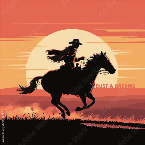 Colorful Vector illustration of cowboy riding a horse in sunrise for poster, cards, print ready