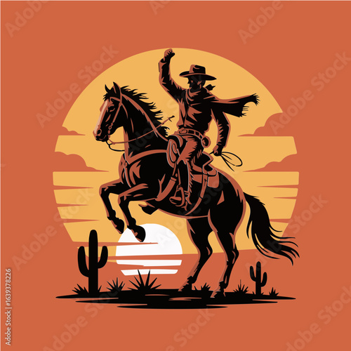 Colorful Vector illustration of cowboy riding a horse in sunrise for poster, cards, print ready