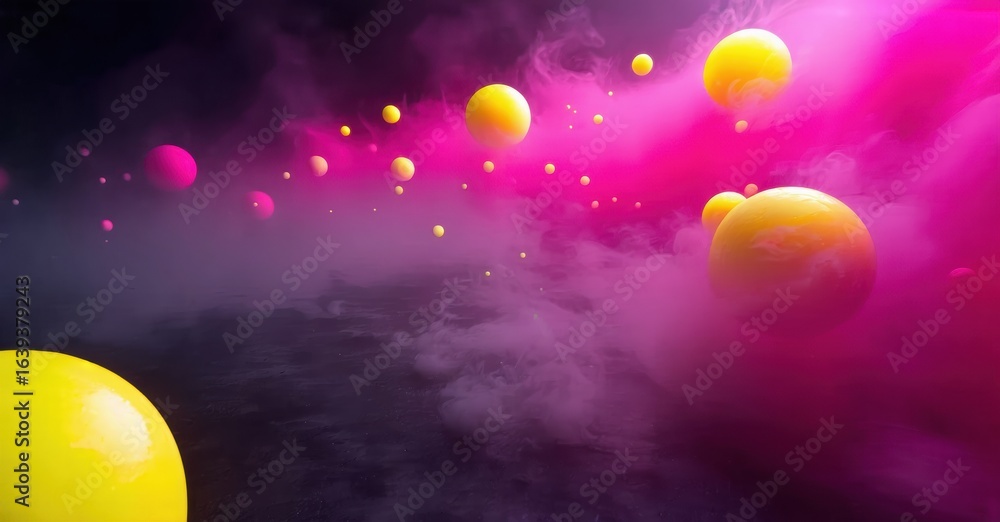 Fototapeta premium Vibrant orbs float within swirling purple, pink clouds. Dramatic lighting creates surreal, dreamy atmosphere. Mysterious, captivating scene.