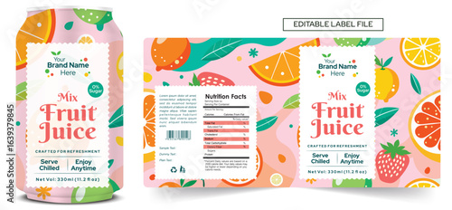 Mix Fruit Juice Label Design with can mockup Editable Vector, High Quality Print Ready Packaging Template file download