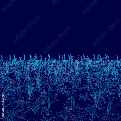 A blue floral pattern with intricate details covers a dark blue background, featuring various organic shapes and vibrant colors. The design creates an eye-catching wireframe effect inspired by.