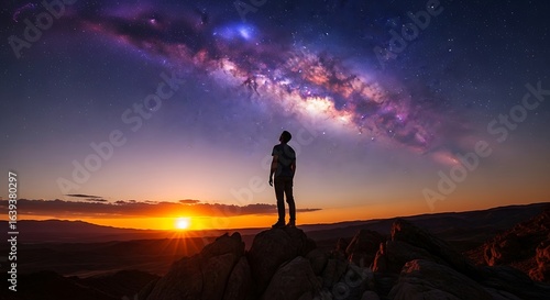 Silhouette of a man gazing at the Milky Way during a stunning sunset over the mountains creating a sense of wonder and inspiration