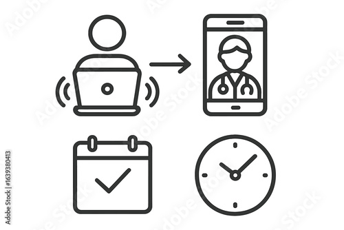 Online medical consultation featuring a patient, healthcare provider, appointment scheduling, and time management tools