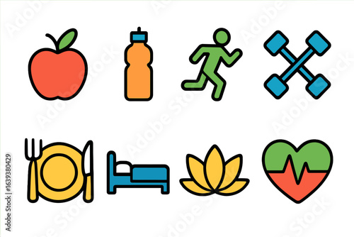 Importance of balanced lifestyle featuring healthy foods, exercise, rest, and mindfulness for overall well-being