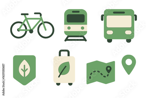 Transportation icons featuring bicycle, train, bus, map, suitcase, and location marker in green tones