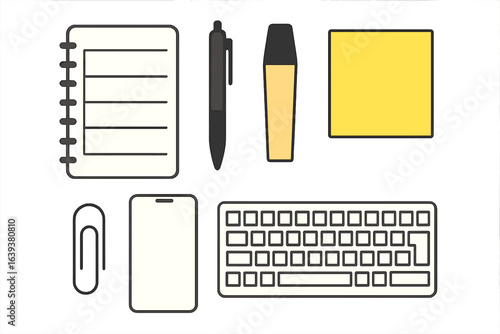 Workspace items include notebook, pen, yellow sticky note, phone, keyboard, and paperclip arranged in a flat lay style