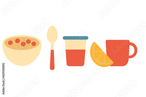 Delicious breakfast items on a white background featuring a bowl, spoon, glass, orange, and cup