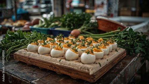 Fototapeta Naklejka Na Ścianę i Meble -  Sauced quail eggs served as street cuisine