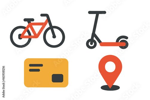 Bike and scooter icons with a map pin and credit card in a minimalistic design