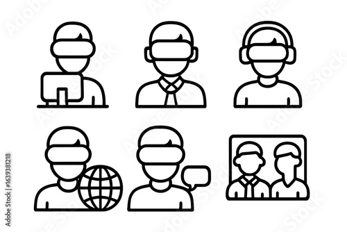 Individuals engaging with virtual reality technology in various professional and social settings during daytime