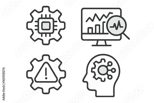 Technology symbols representing data analysis and processing tasks in a digital environment with a modern design