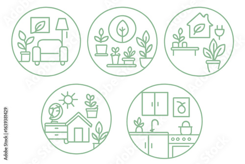 Decorative illustrations showcasing cozy indoor plant arrangements in modern home settings