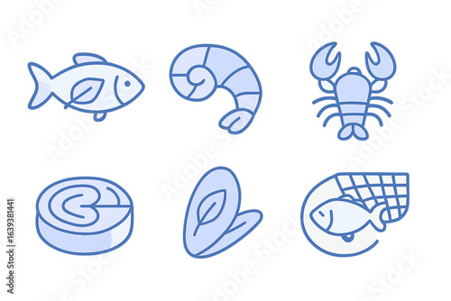 Sea creatures illustration highlighting different types of seafood including fish, shrimp, and crab in a minimalistic style