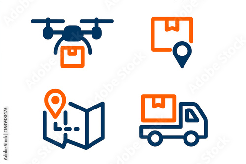Delivery solutions showcasing drone, package, mapping, and vehicle logistics in a modern urban setting