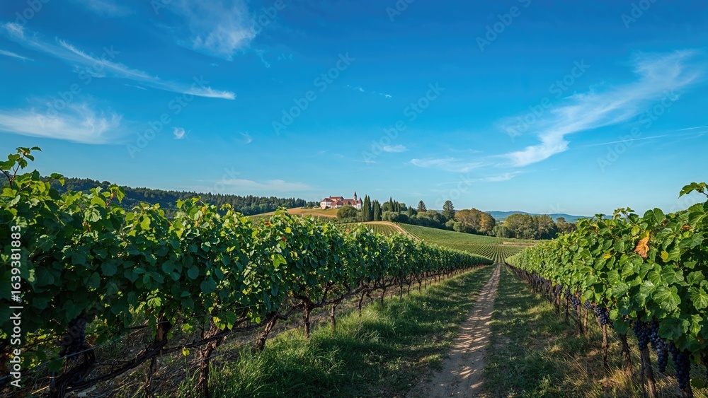 Fototapeta premium Grape fields under a clear azure sky