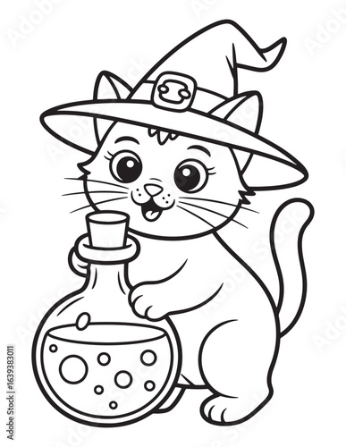 Cute Witch Cat Sitting Beside a Magical Potion Bottle – Halloween Coloring Page for Kids
