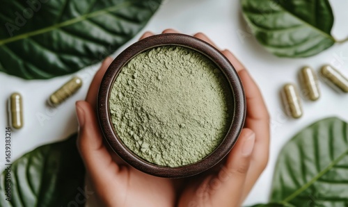 Alternative medicine and herbal pain management concept with kratom powder and capsules, isolated on a white background, symbolizing natural healing, Generative AI