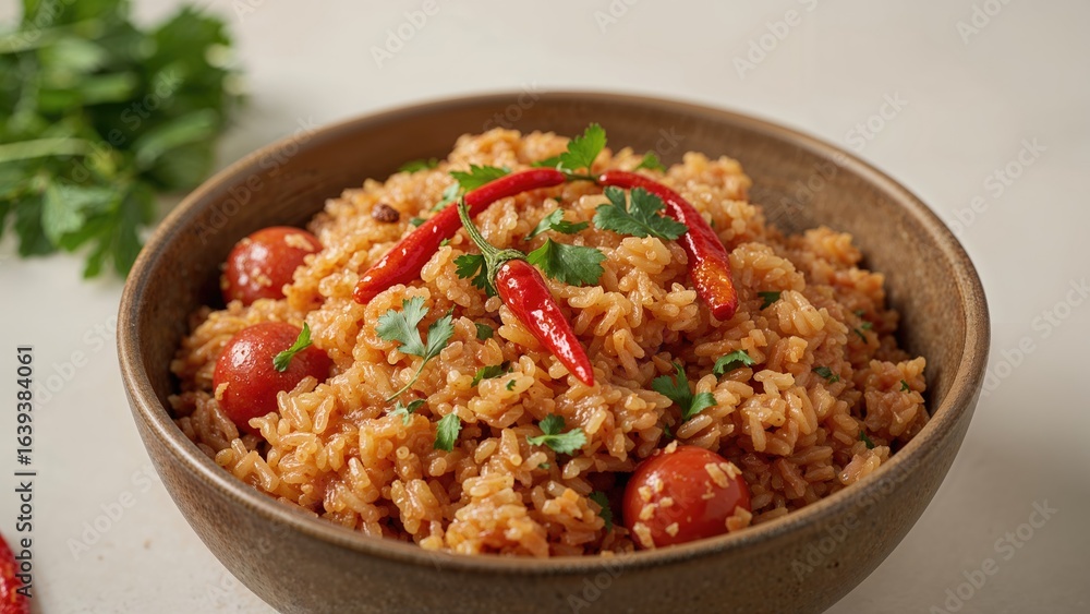 Spicy tomato rice flavored with red chilies and fresh coriander Spicy tomato rice flavored with red chilies and fresh coriander
