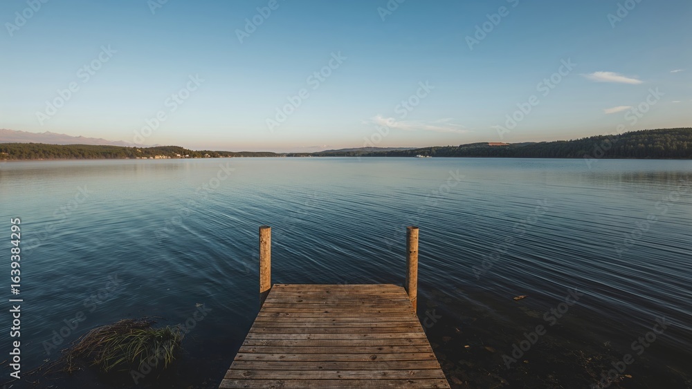 Fototapeta premium Peaceful lake scene seen from a wooden dock