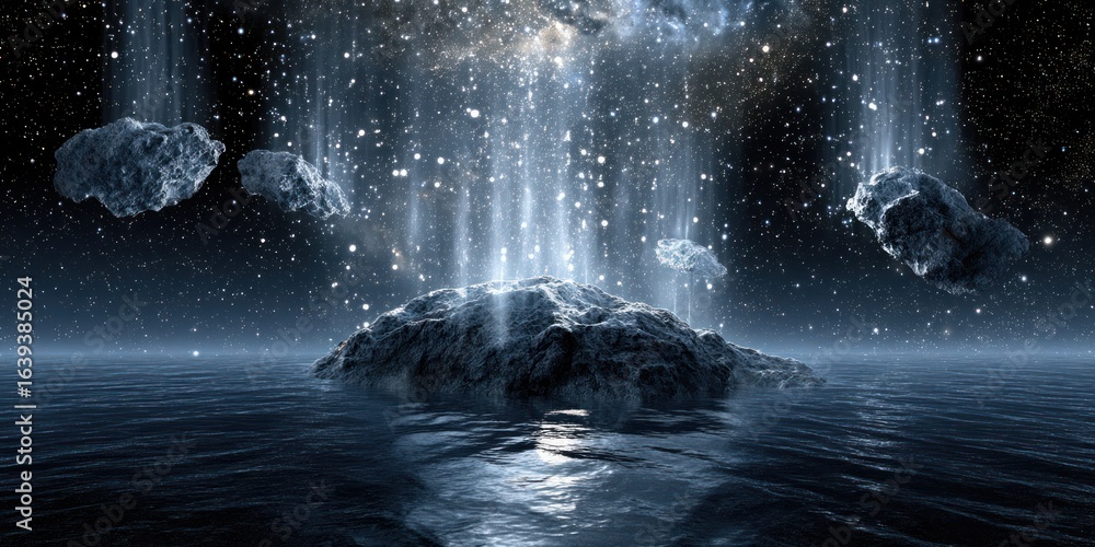 Fototapeta premium Island pieces hovering in the sky, pouring water into deep space