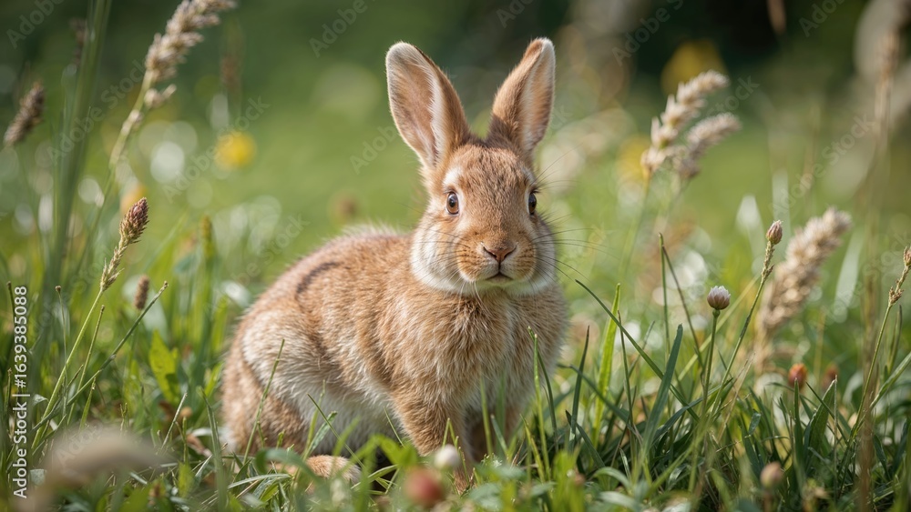 Fototapeta premium Little bunny resting on a grassy field
