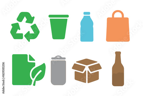 Environmental awareness icons illustrating recycling, waste management, and eco-friendly practices in a simple design layout