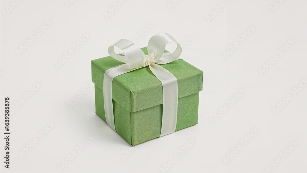 Obraz premium Compact green present with ribbon and bow on a white backdrop.