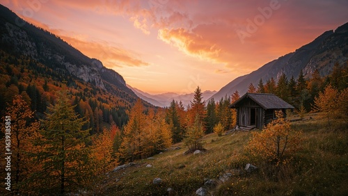 Fototapeta Naklejka Na Ścianę i Meble -  Breathtaking autumn sunset over mountain peaks