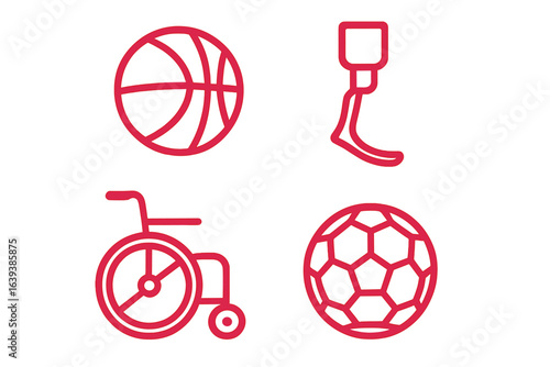 Diverse symbols representing adaptive sports equipment and activities for all abilities in a vibrant, dynamic composition