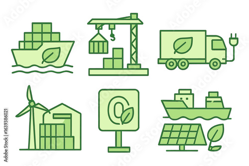 Sustainable transportation and energy icons depicting eco-friendly practices in logistics and delivery systems