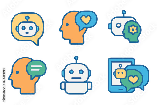 Technology icons representing communication between human and robot in a modern digital environment